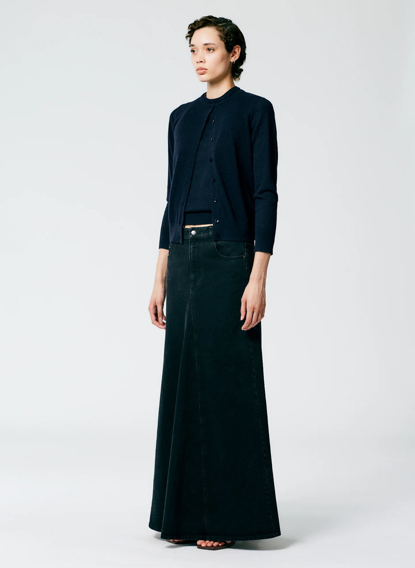 Black Denim Godet Maxi Skirt - Image 6