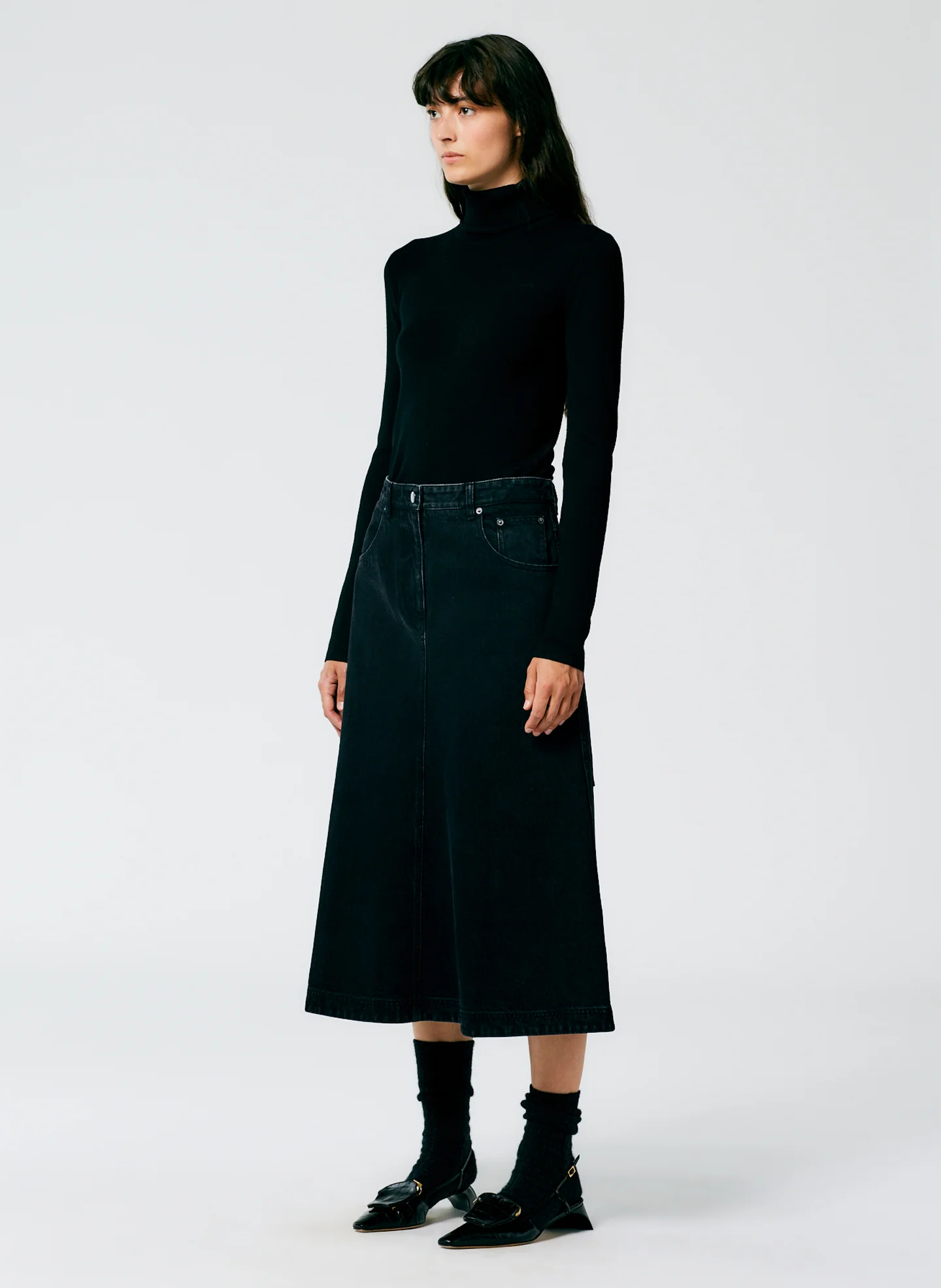 Black Denim Midi A-Line Skirt - Image 2