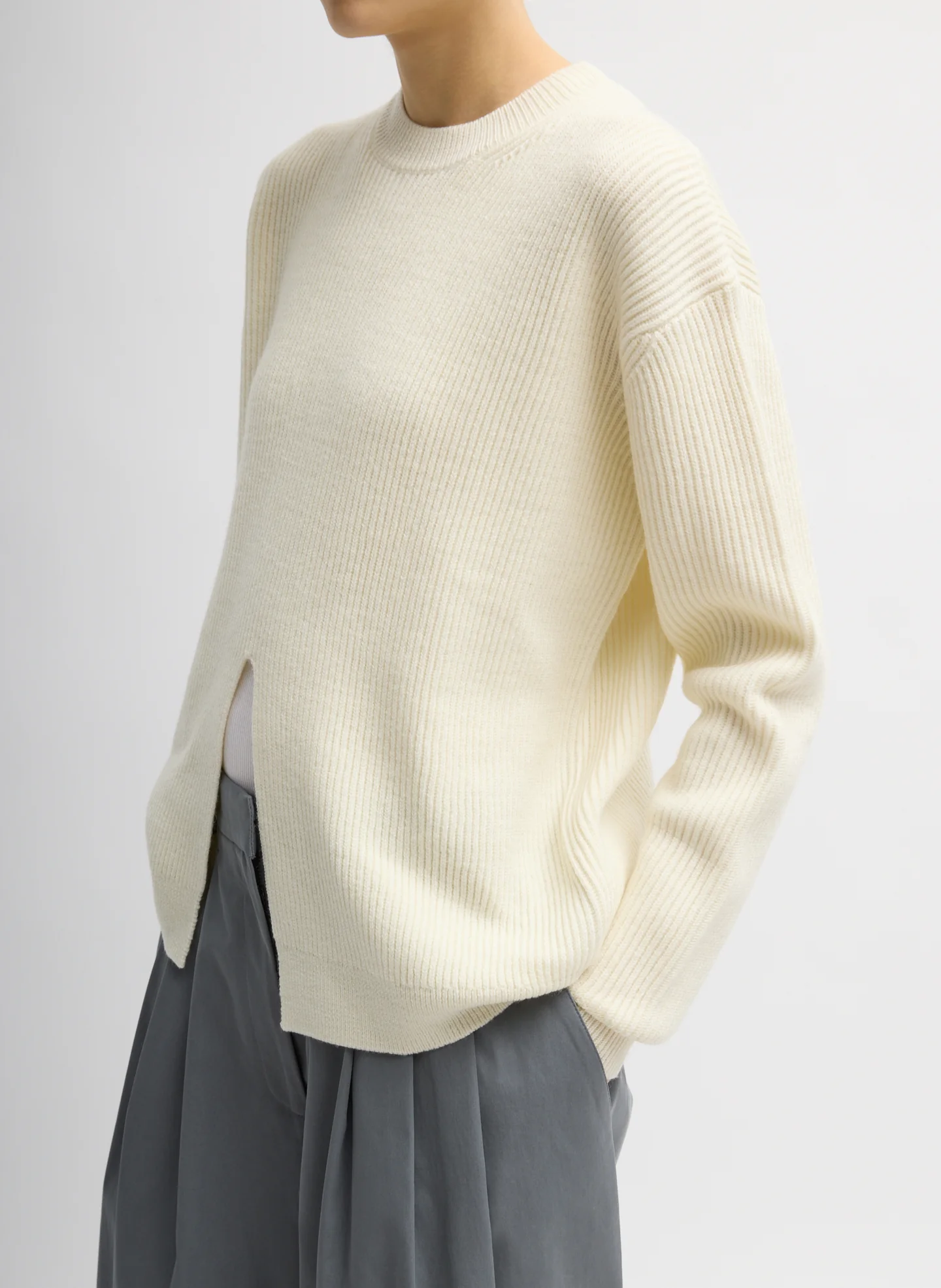 Cardigan Stitch Split Front Crewneck Easy Pullover - Image 2