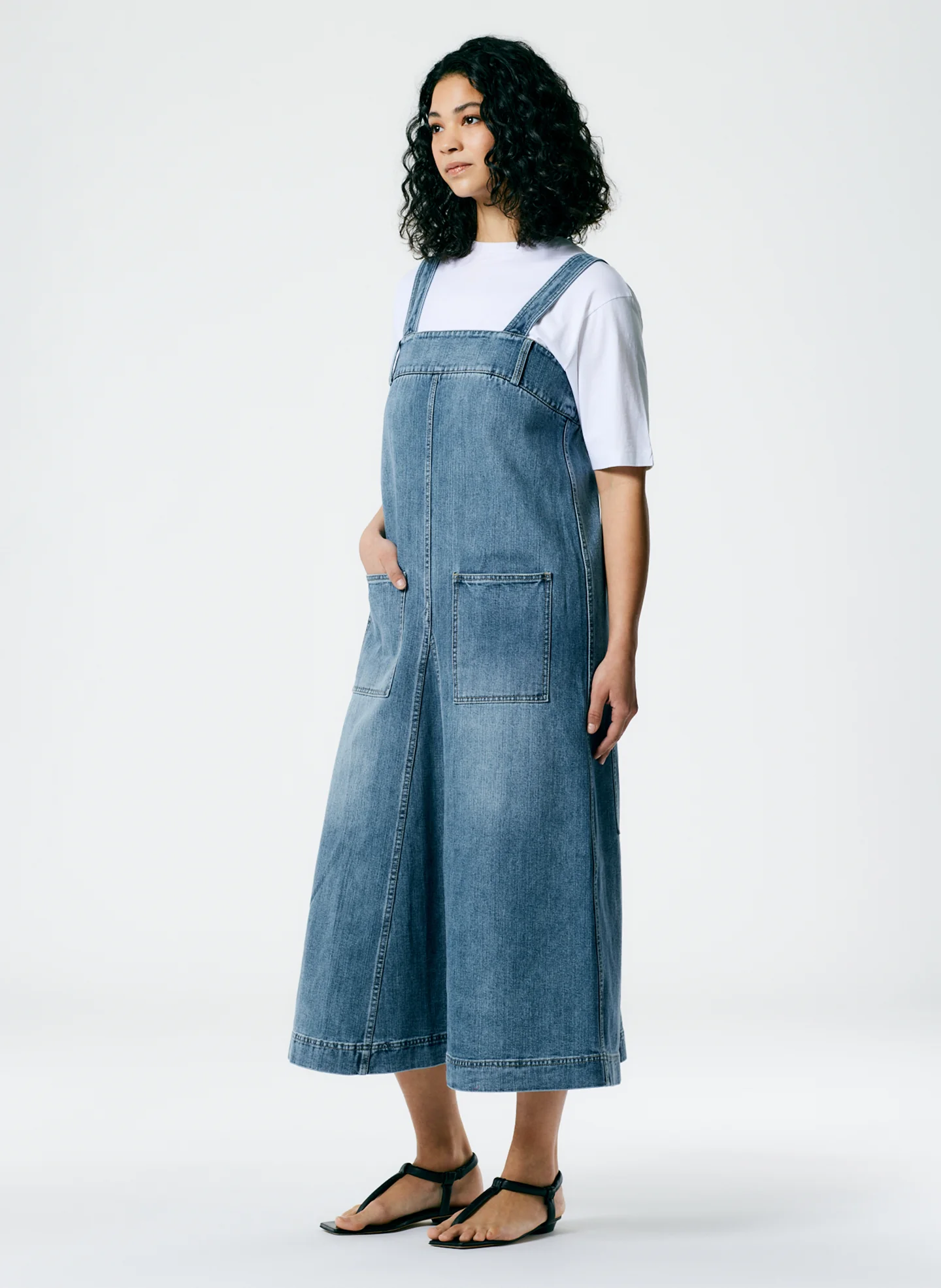 Classic Wash Denim Midi Overall Dress - Image 2