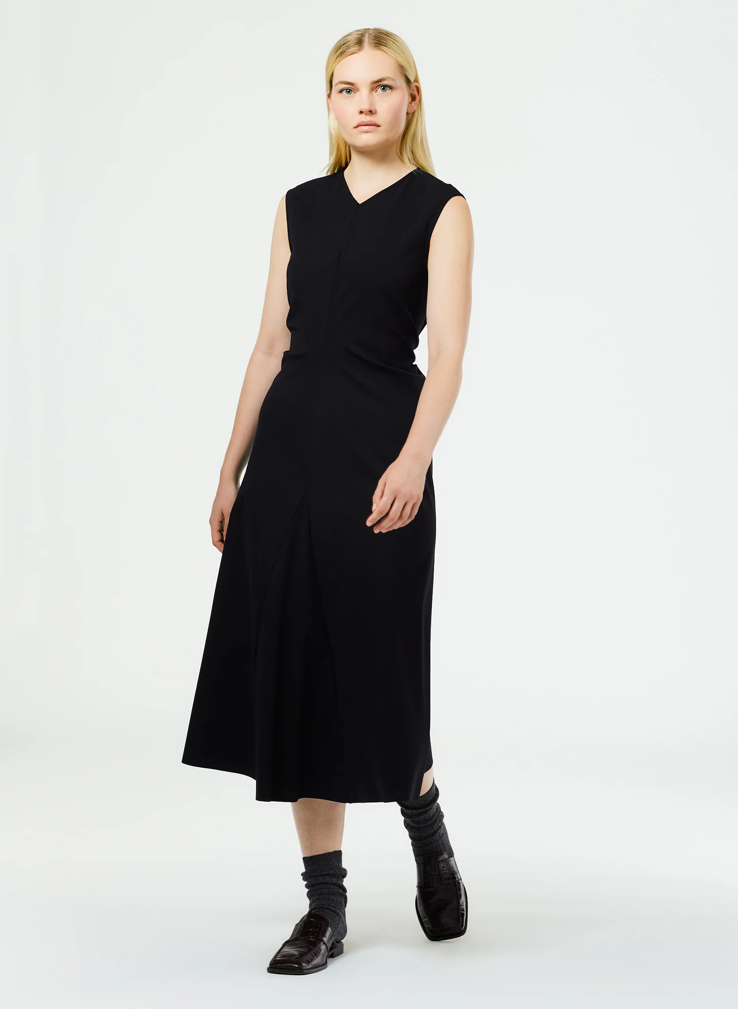 Compact Ultra Stretch Knit V-Neck Godet Dress - Image 2