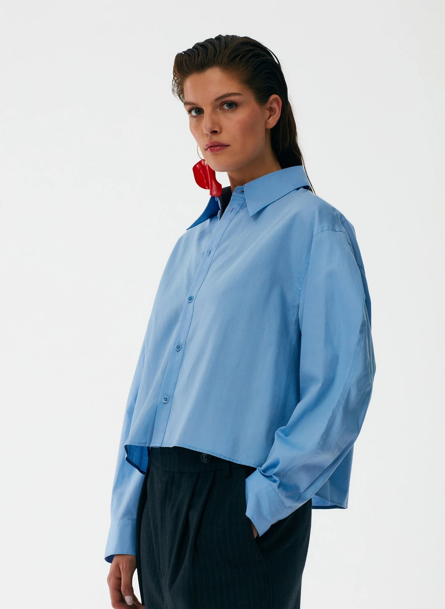 Miles Shirting Scallop Sleeve Cropped Boyfriend Shirt - Image 12