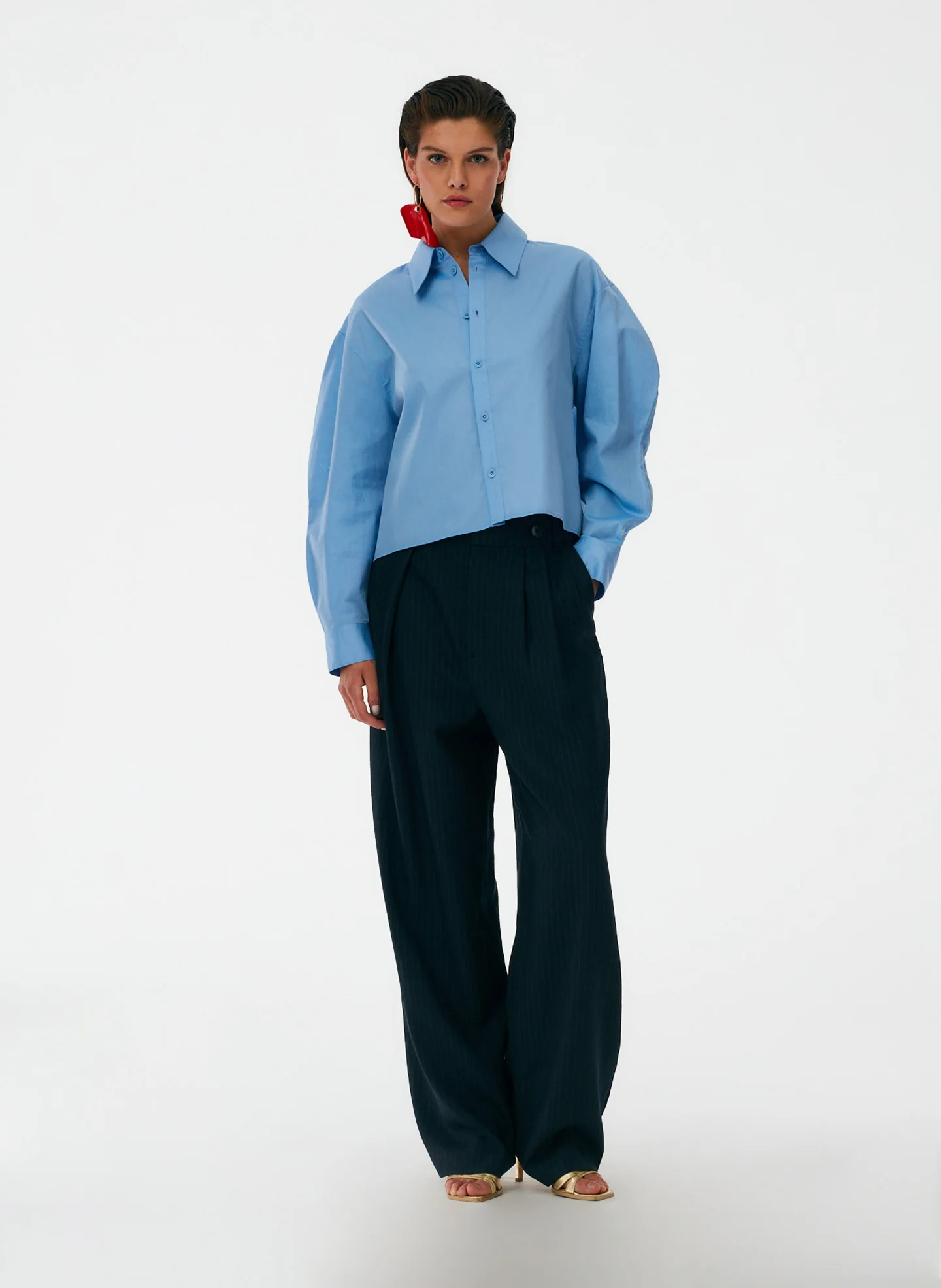 Miles Shirting Scallop Sleeve Cropped Boyfriend Shirt - Image 13