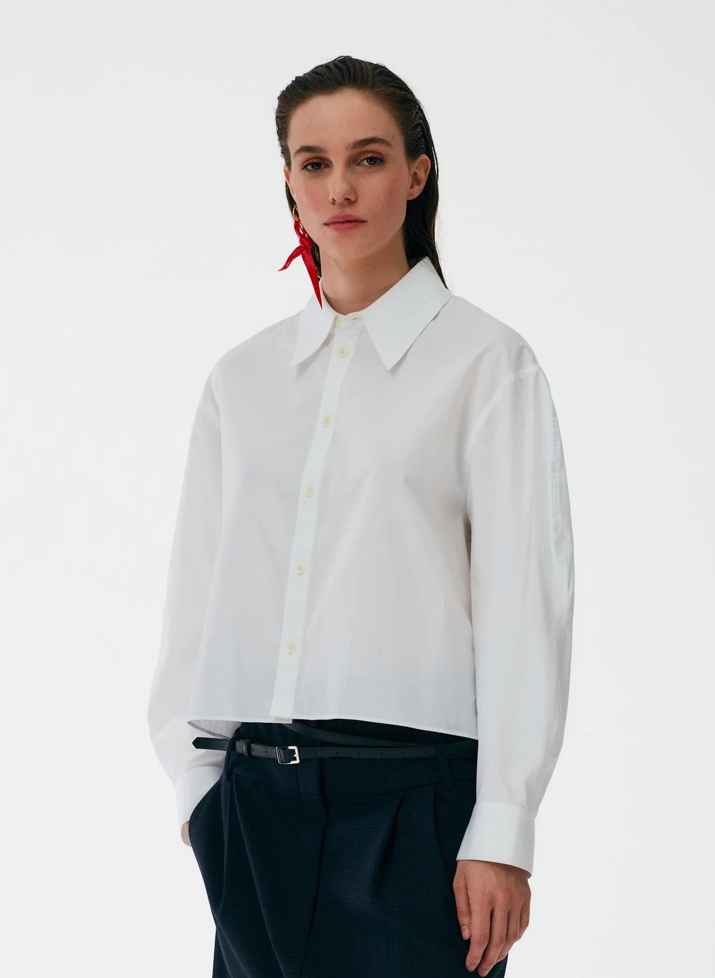 Miles Shirting Scallop Sleeve Cropped Boyfriend Shirt - Image 5