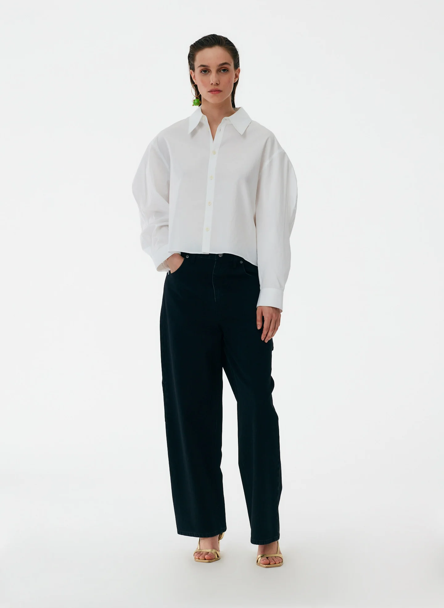 Miles Shirting Scallop Sleeve Cropped Boyfriend Shirt - Image 7