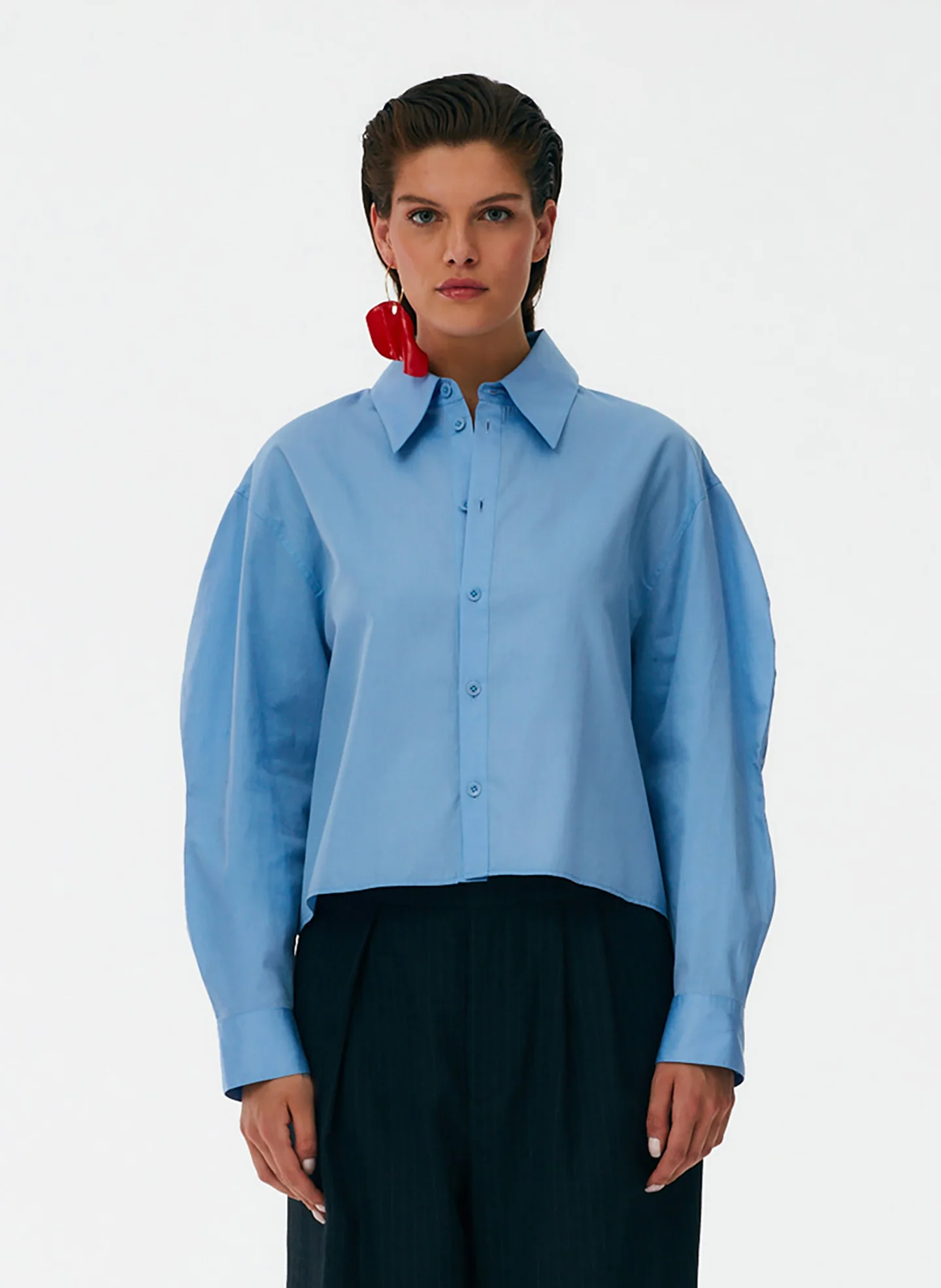 Miles Shirting Scallop Sleeve Cropped Boyfriend Shirt - Image 8