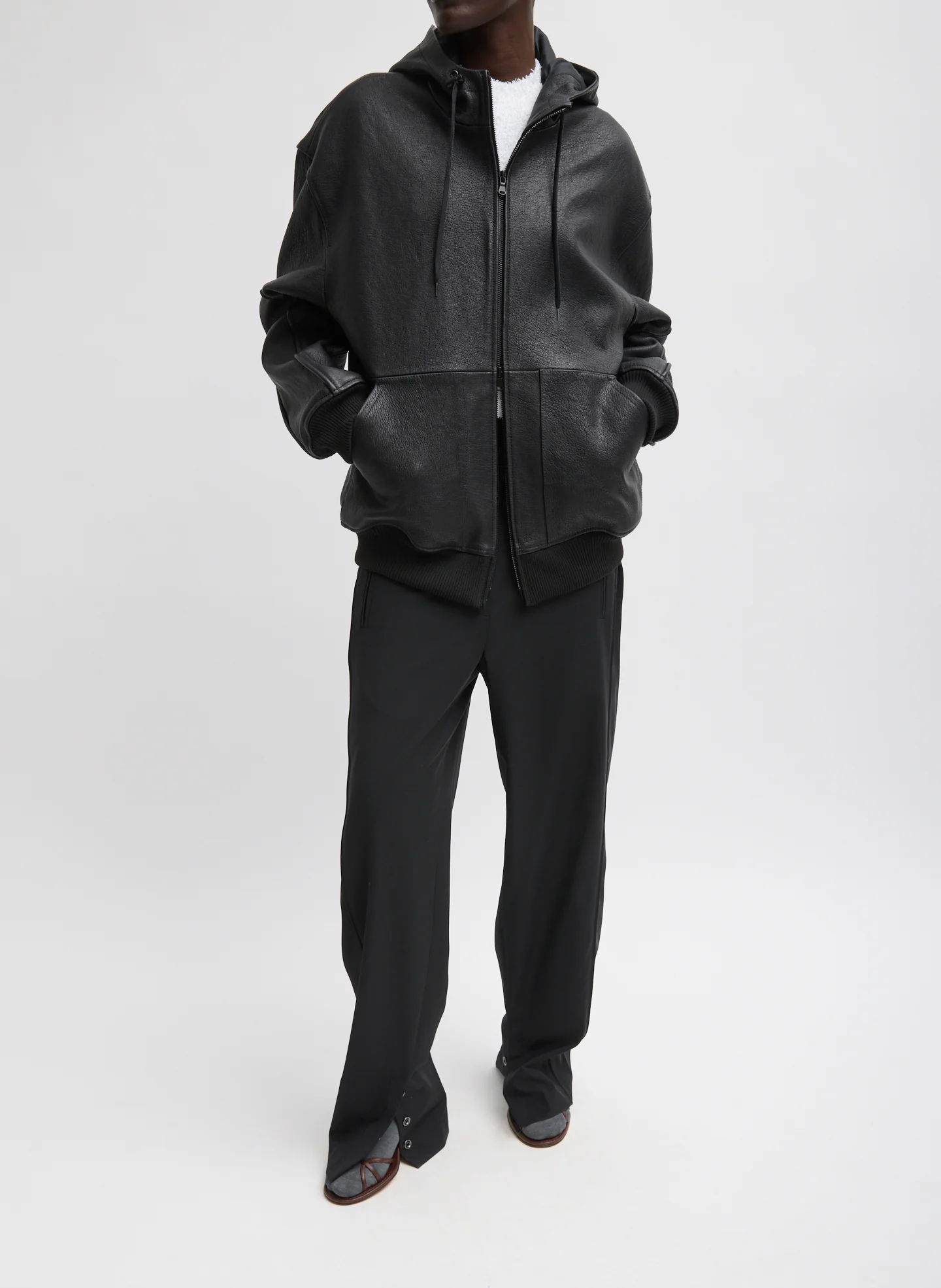 Pebbled Leather Zip Up Hoodie Jacket - Image 7