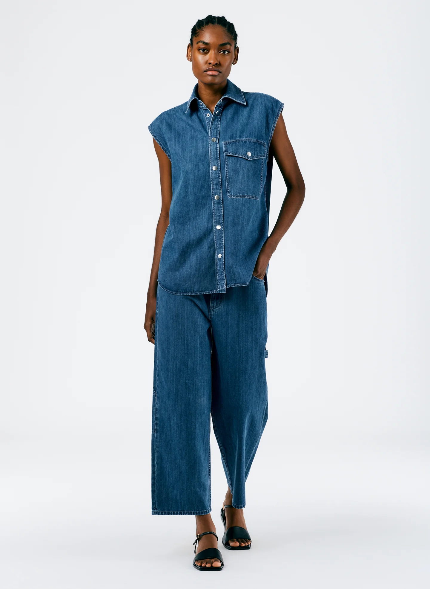 Stone Washed Denim Sleeveless Easy Shirt - Image 5