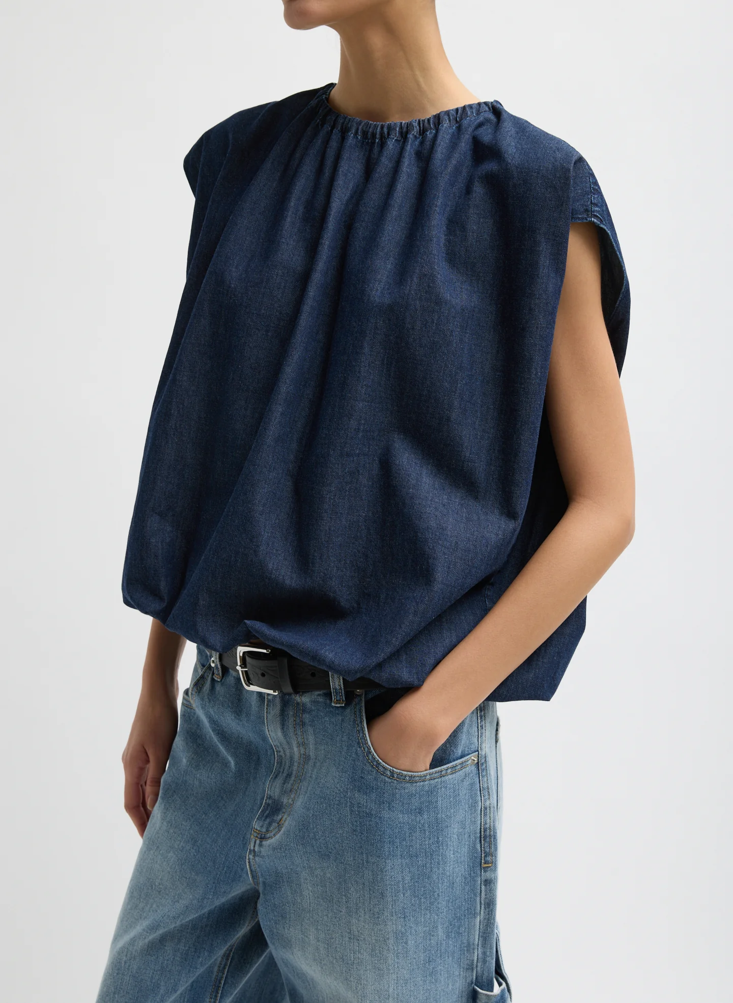 Summer Denim Indigo Shirred Neck Circular Top