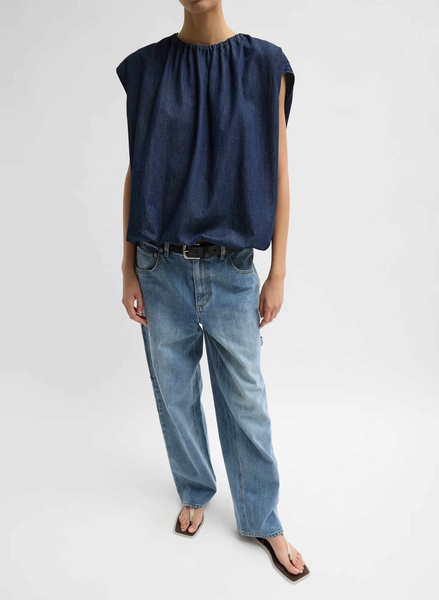 Summer Denim Indigo Shirred Neck Circular Top - Image 2