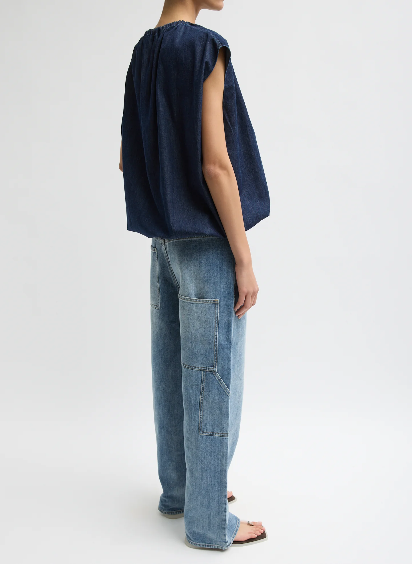 Summer Denim Indigo Shirred Neck Circular Top - Image 3