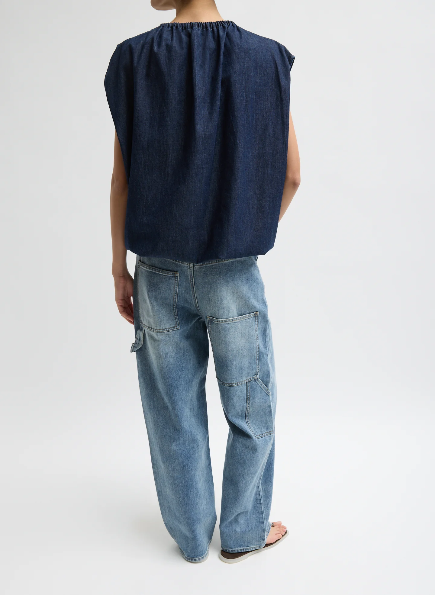 Summer Denim Indigo Shirred Neck Circular Top - Image 4
