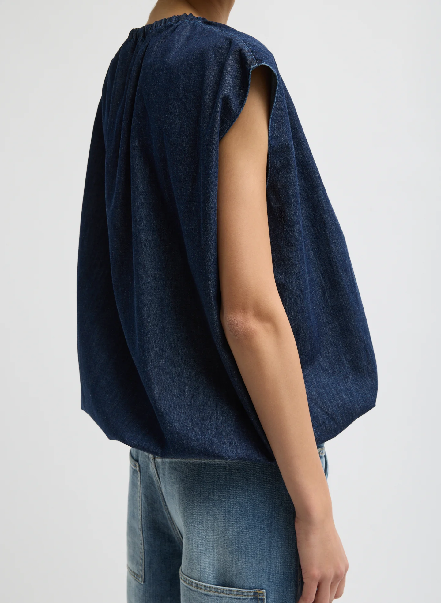 Summer Denim Indigo Shirred Neck Circular Top - Image 6