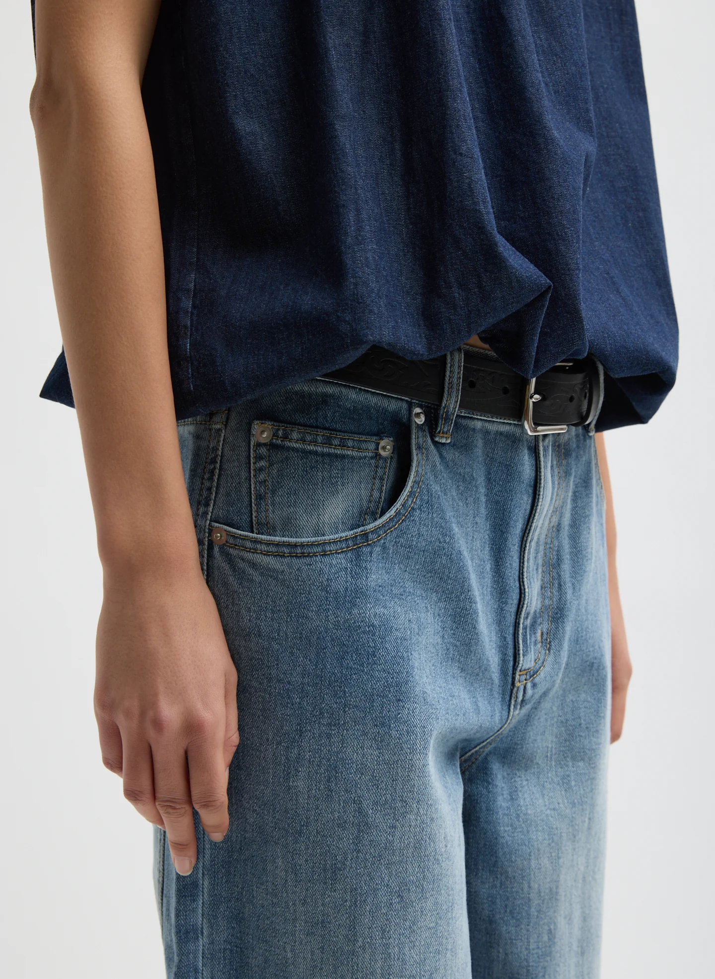Summer Denim Indigo Shirred Neck Circular Top - Image 8