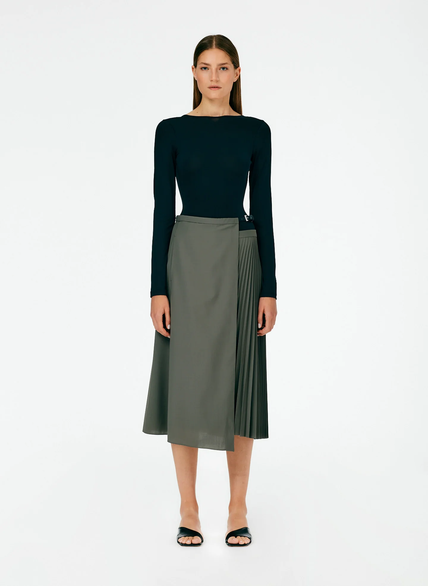 Tropical Wool Pleated Leather Wrap Skirt - Image 13